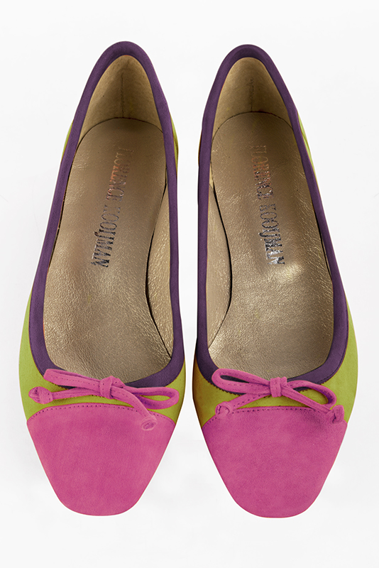 Fuschia pink, pistachio green and amethyst purple women's ballet pumps, with low heels. Square toe. Flat flare heels. Top view - Florence KOOIJMAN